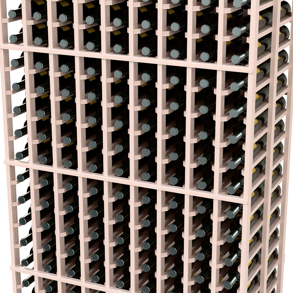 Close-up of 9-column wine rack with bottle slots on pale wood dividers