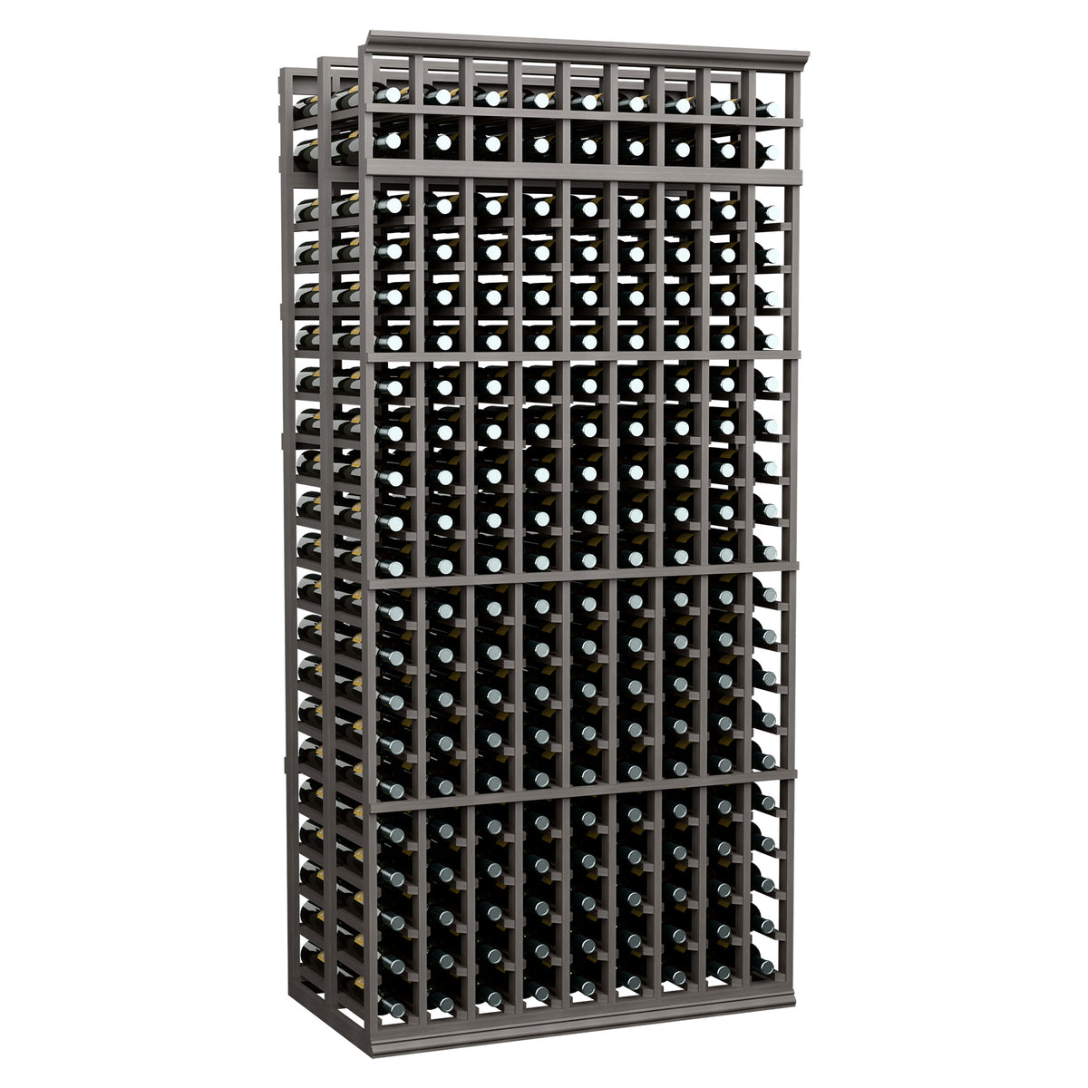 Double-deep wine rack, 9-column, 7 ft tall, dark frame with bottle slots