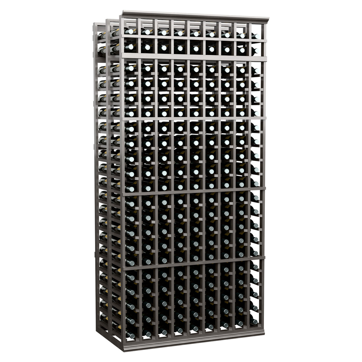Double-deep wine rack, 9-column, 7 ft tall, dark frame with bottle slots