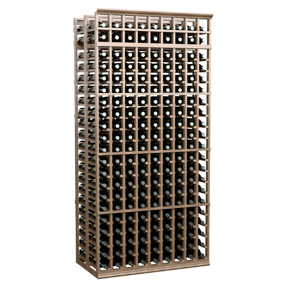 Double-deep wine rack, 9-column, 7 ft tall, light wood frame with bottle slots