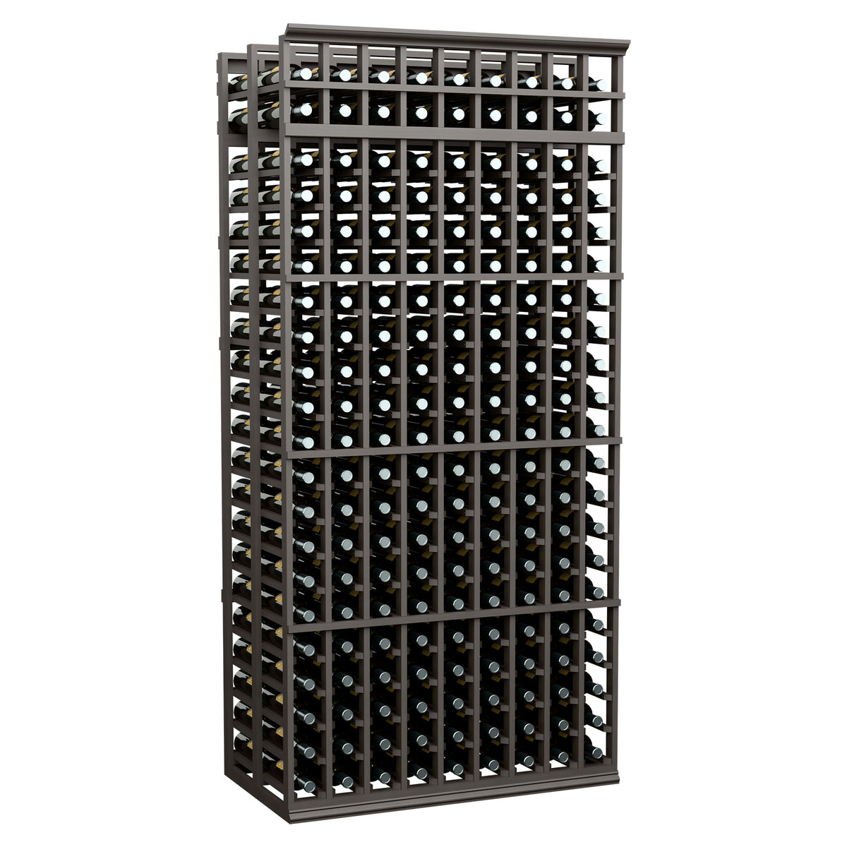 Double-deep wine rack, 9-column, 7 ft tall, dark frame with bottle slots
