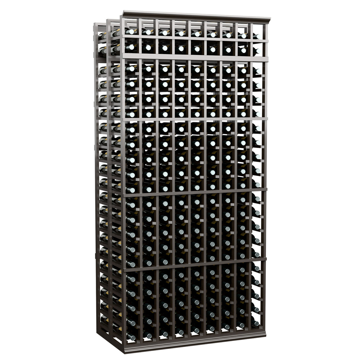 Double-deep wine rack, 9-column, 7 ft tall, dark frame with bottle slots