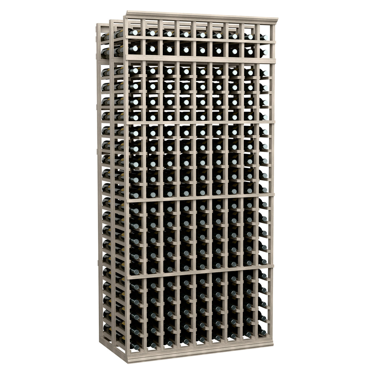 7-foot double deep wine bottle rack with whitewashed wood frame and bottle slot grid