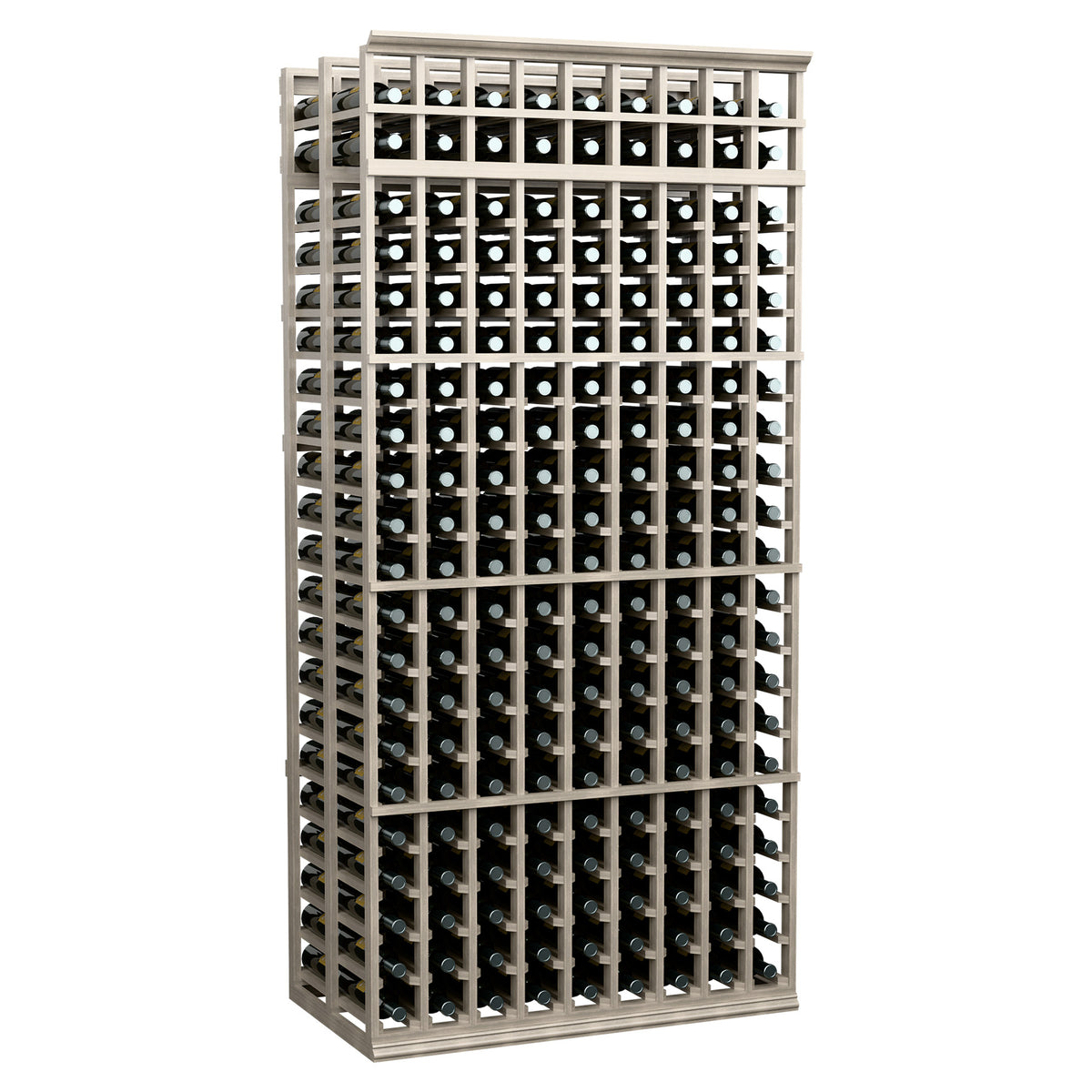 7-foot double deep wine bottle rack with whitewashed wood frame and bottle slot grid