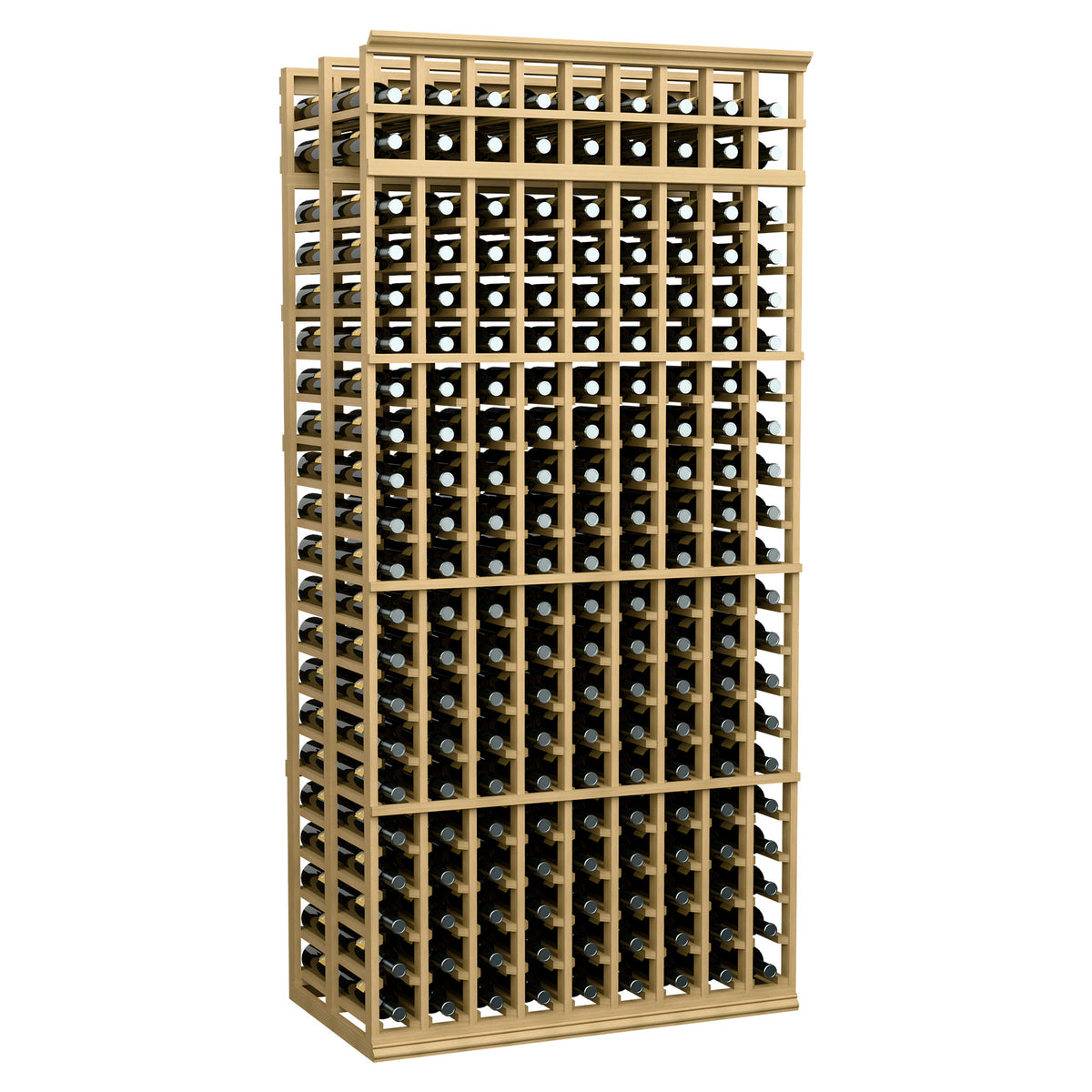 7-foot double deep wine bottle rack with natural wood frame and bottle slot grid