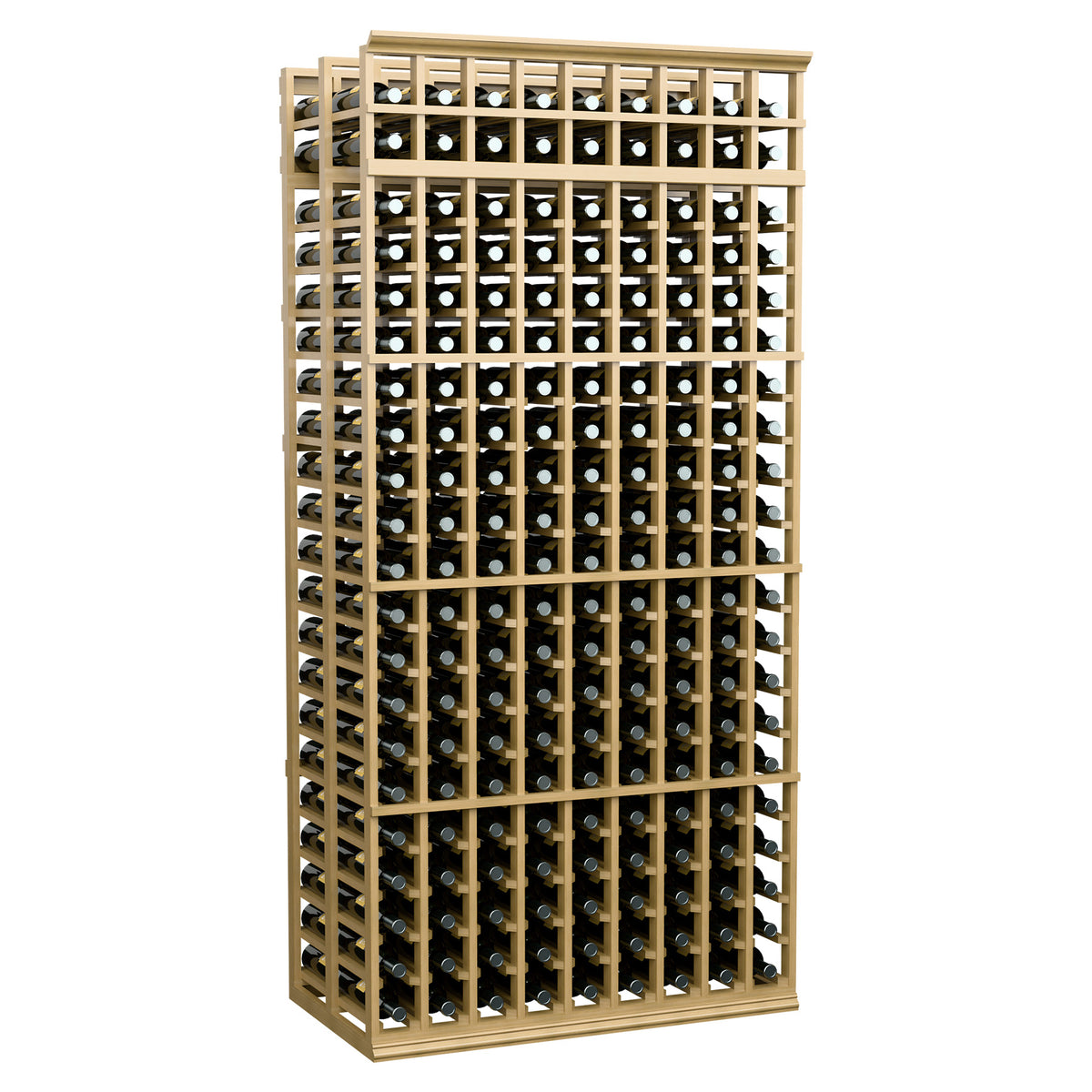 7-foot double deep wine bottle rack with honey-toned wood frame and bottle slot grid