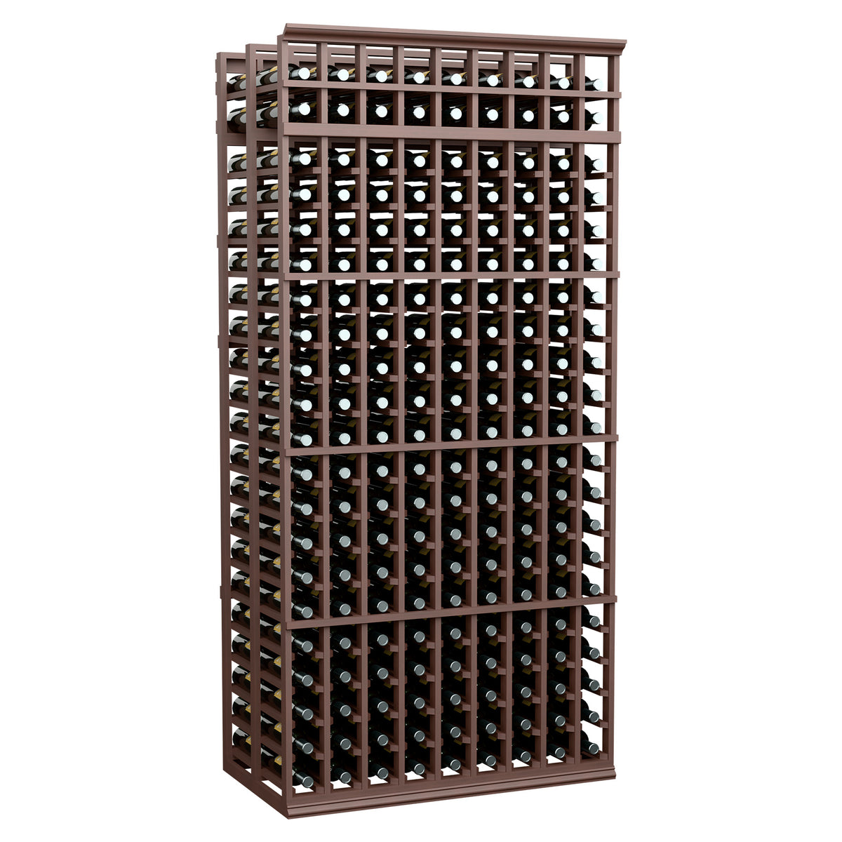 7-foot double deep wine bottle rack with dark walnut wood frame and bottle slot grid
