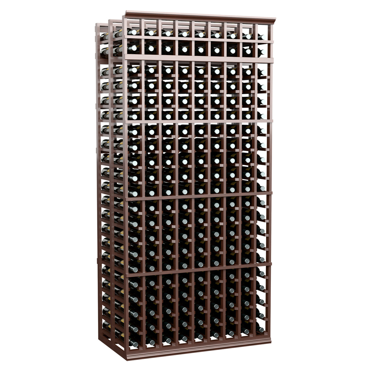 7-foot double deep wine bottle rack with espresso-brown wood frame and bottle slot grid