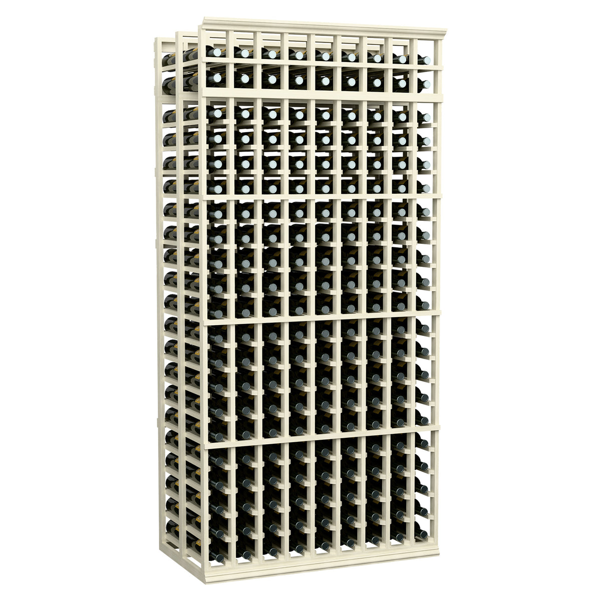 7-foot double deep wine bottle rack with light gray wood frame and bottle slot grid