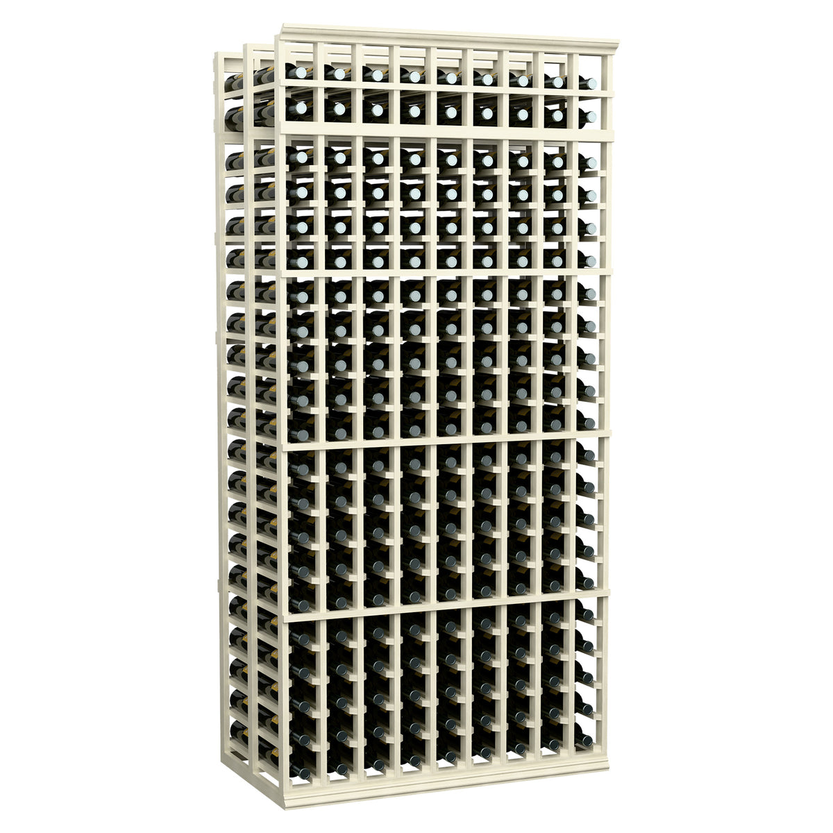 7-foot double deep wine bottle rack with off-white wood frame and bottle slot grid