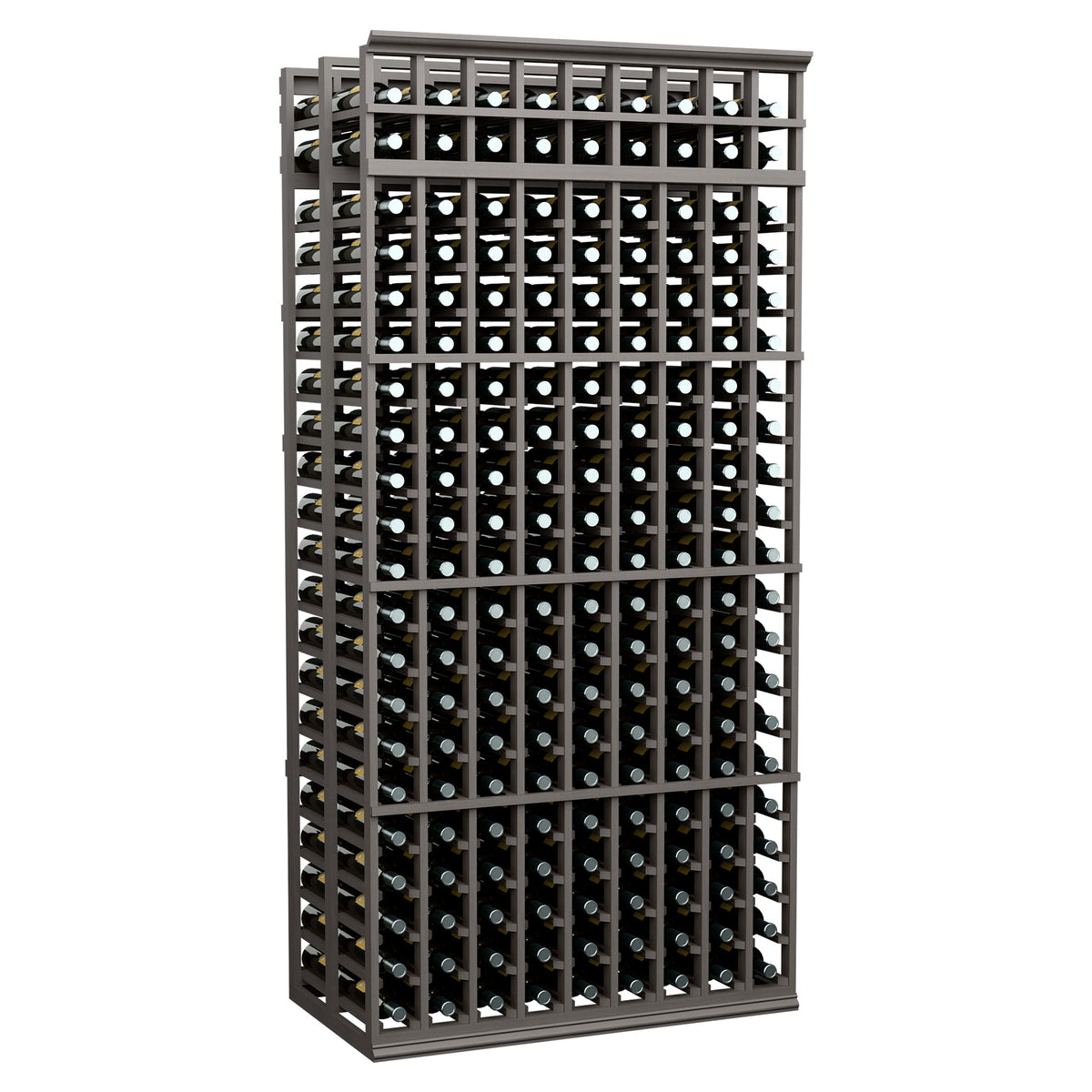 9-column double-deep wine rack with black frame, 7 ft tall, holds bottles in grid slots