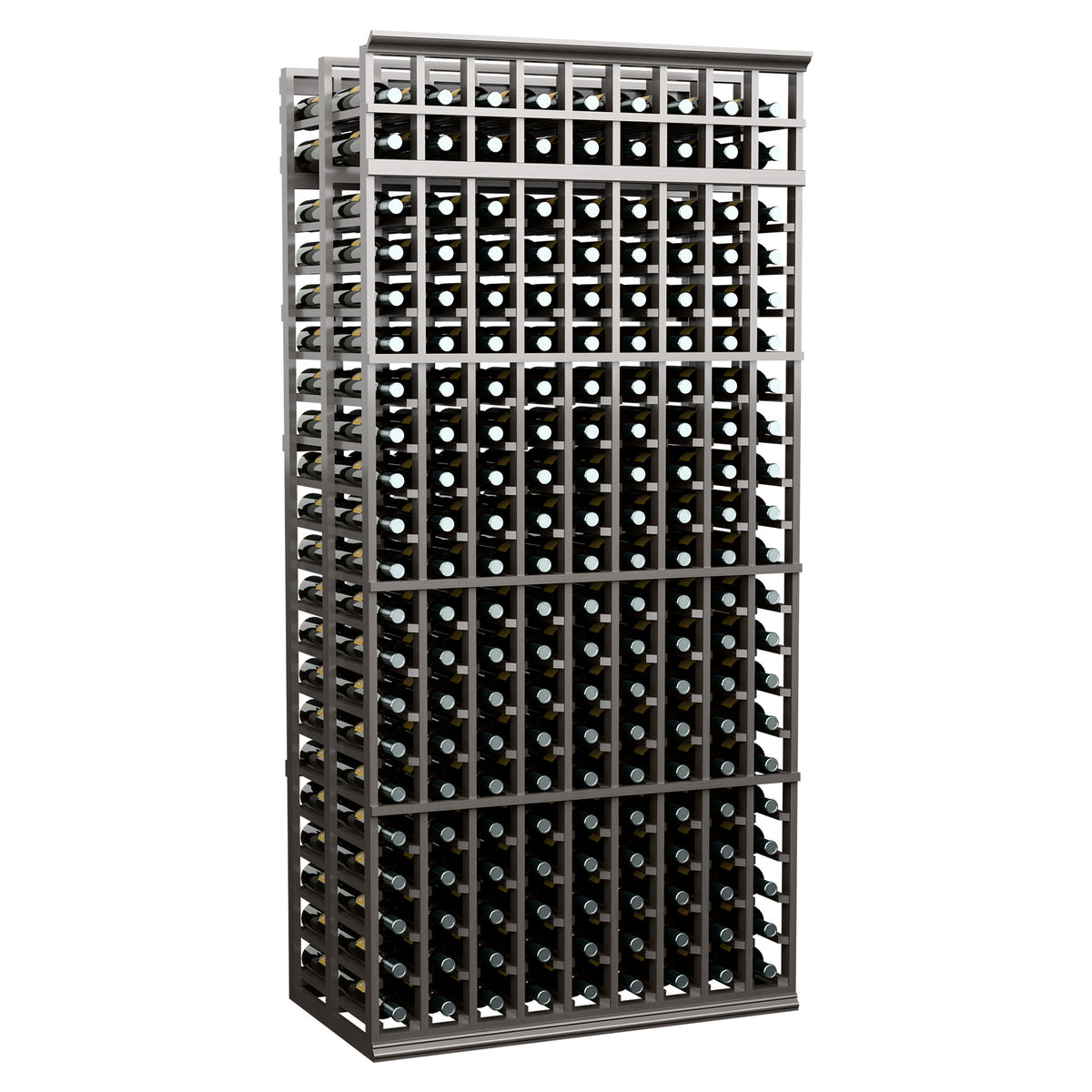 9-column double-deep wine rack with black frame, 7 ft tall, front-facing bottle slot grid