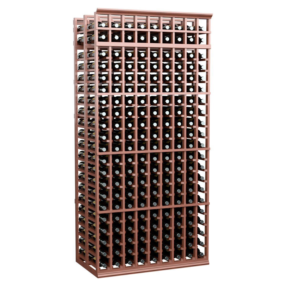 9-column double-deep wine rack with warm brown frame, 7 ft tall, front bottle slot lattice