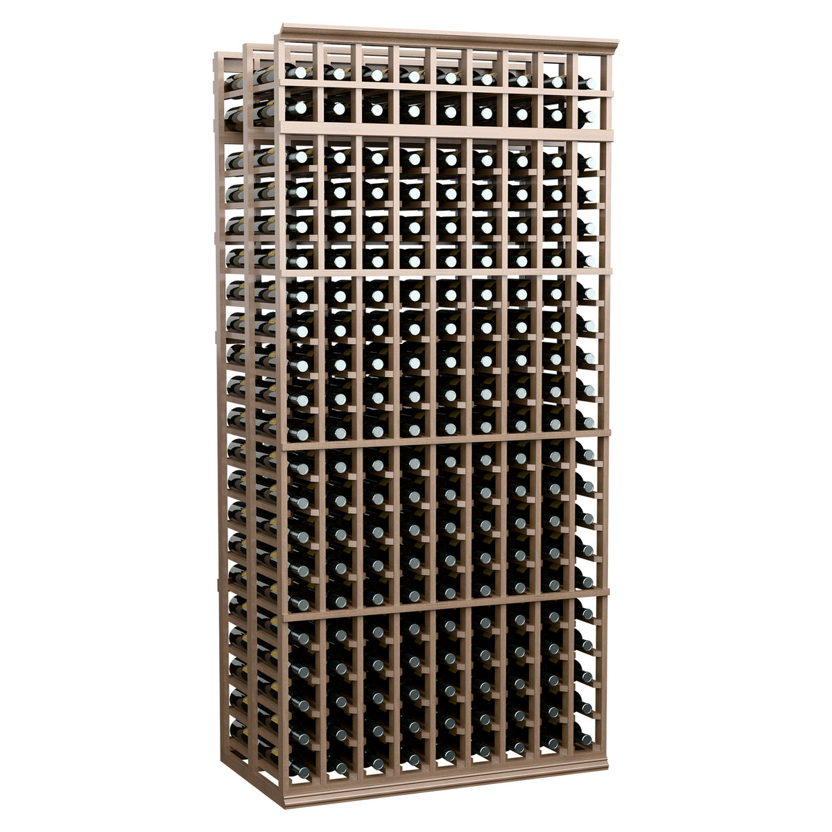 9-column double-deep wine rack with taupe frame, 7 ft tall, holds bottles in repeating grid