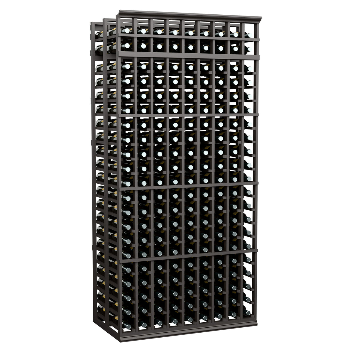 9-column double-deep wine rack with dark frame, 7 ft tall, bottle slot grid front view