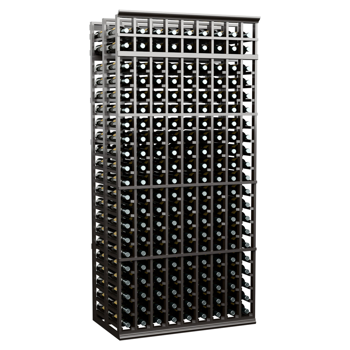 9-column double-deep wine rack with black frame, 7 ft tall, grid bottle slots on both sides