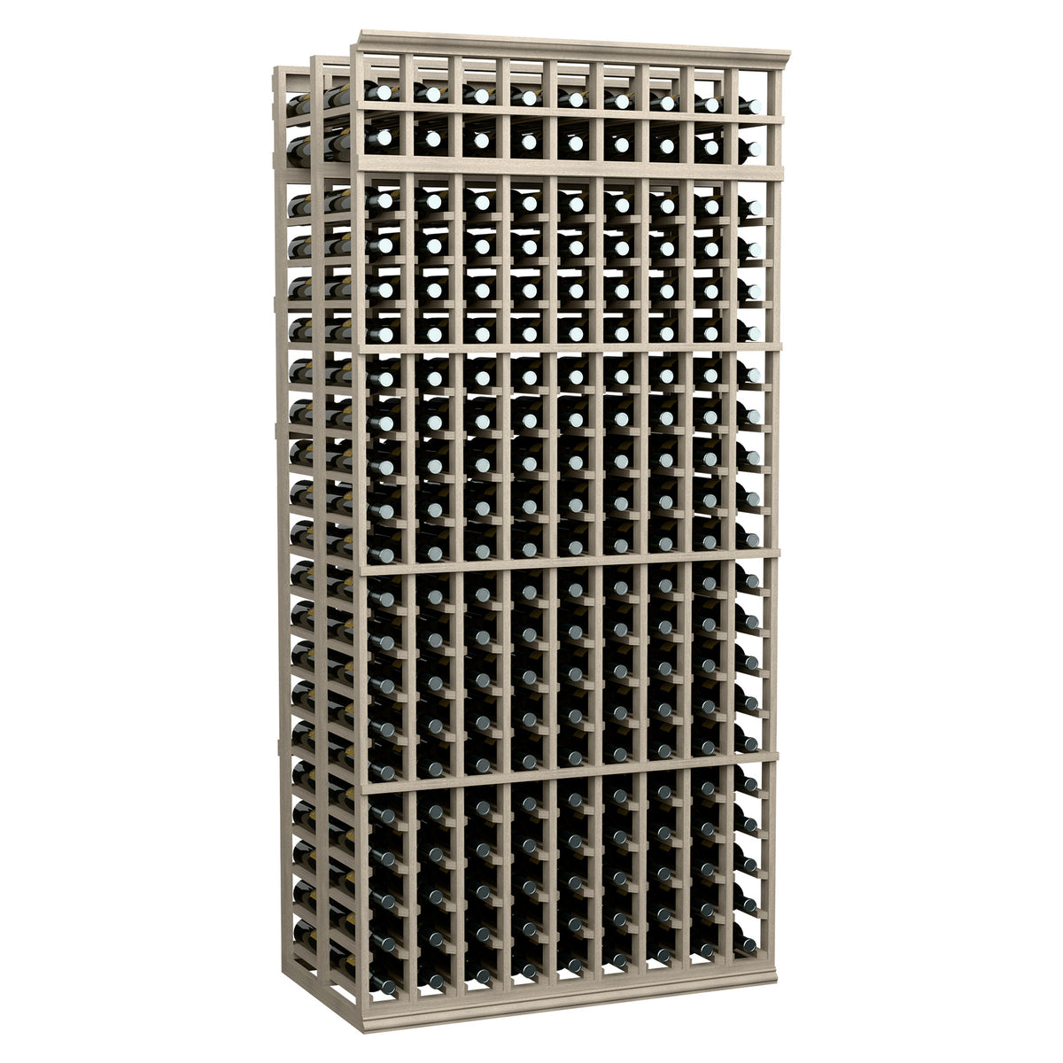 Wine bottle rack, 9-column double-deep, 7 ft, white frame with black bottles.