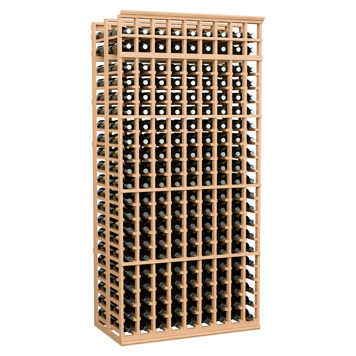 Wine bottle rack, 9-column double-deep, 7 ft, light wood frame with black bottles.