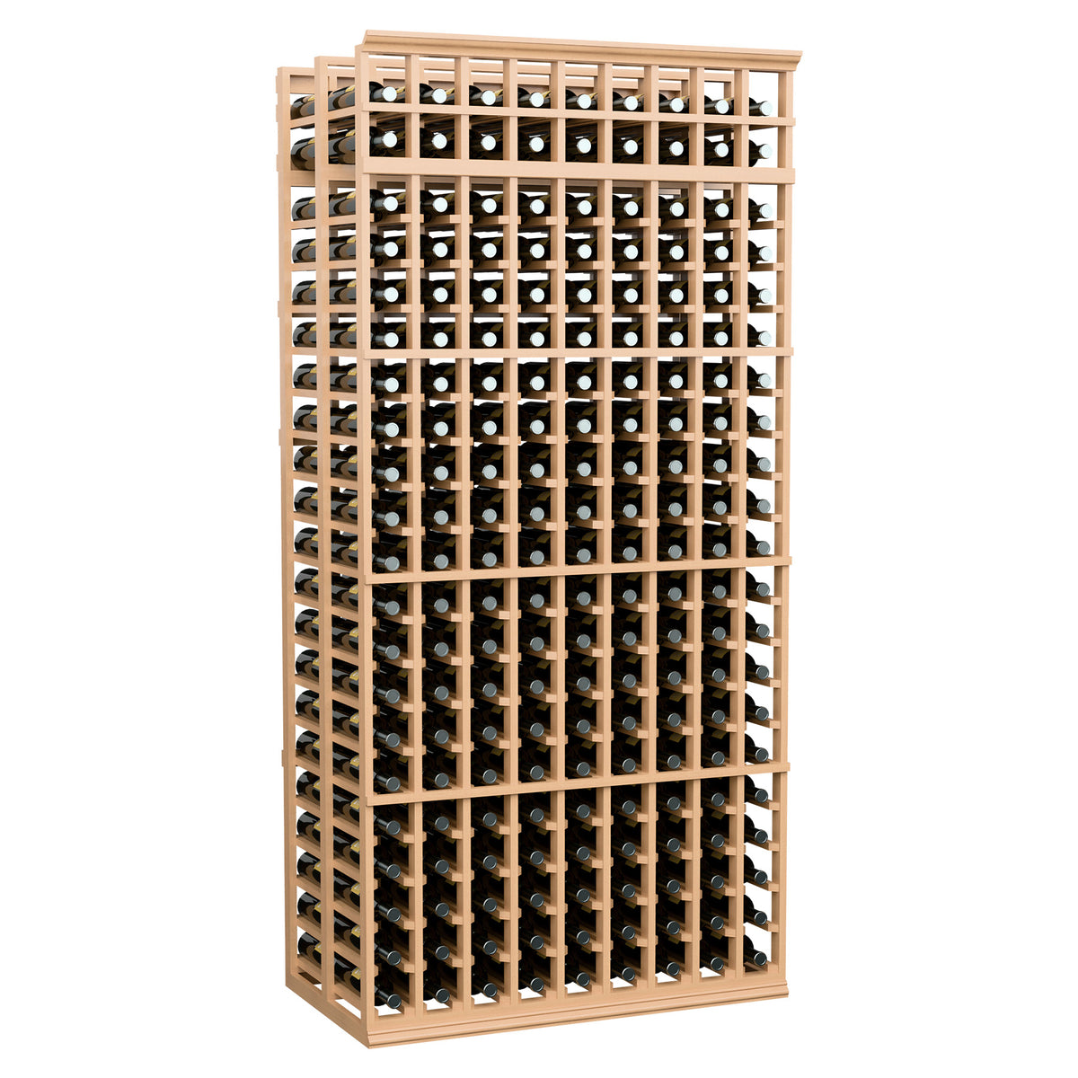 Wine bottle rack, 9-column double-deep, 7 ft, light wood frame, front perspective.
