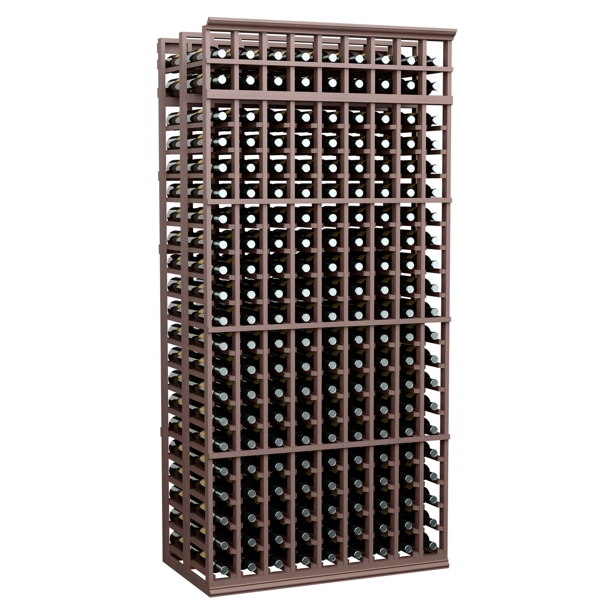 Wine bottle rack, 9-column double-deep, 7 ft, dark wood frame with black bottles.