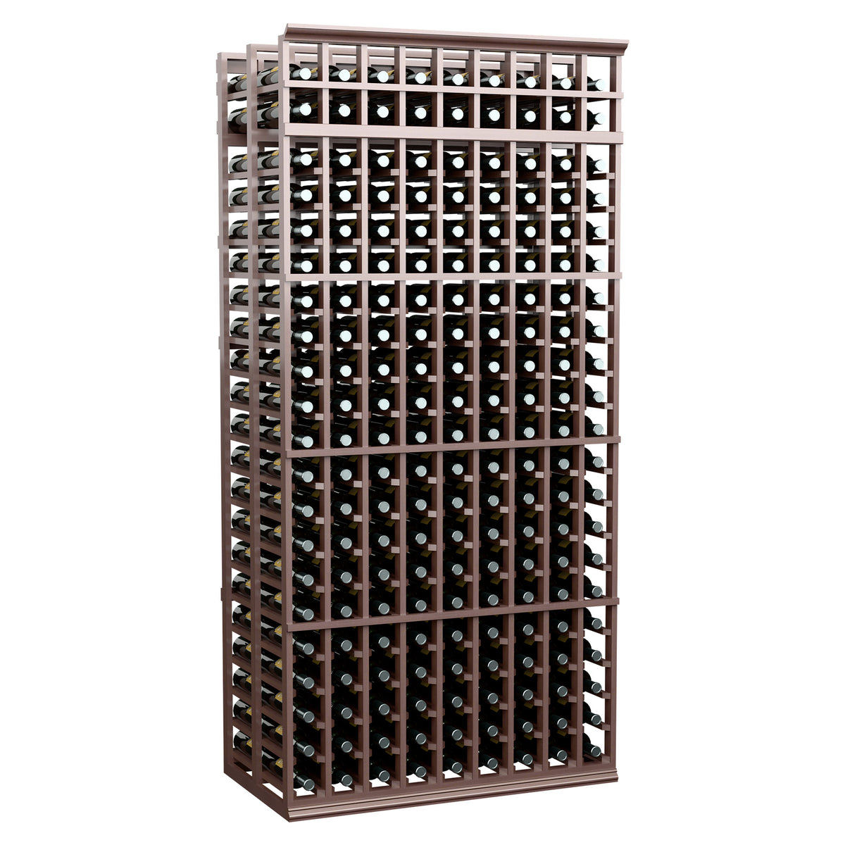 Wine bottle rack, 9-column double-deep, 7 ft, dark wood frame, full front view.