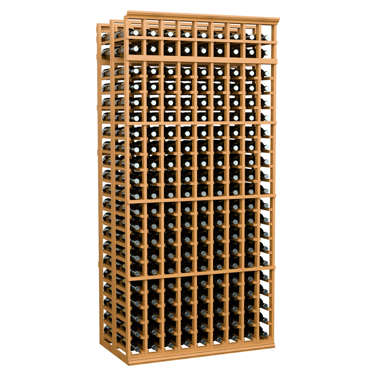 Wine bottle rack, 9-column double-deep, 7 ft, honey wood frame with black bottles.