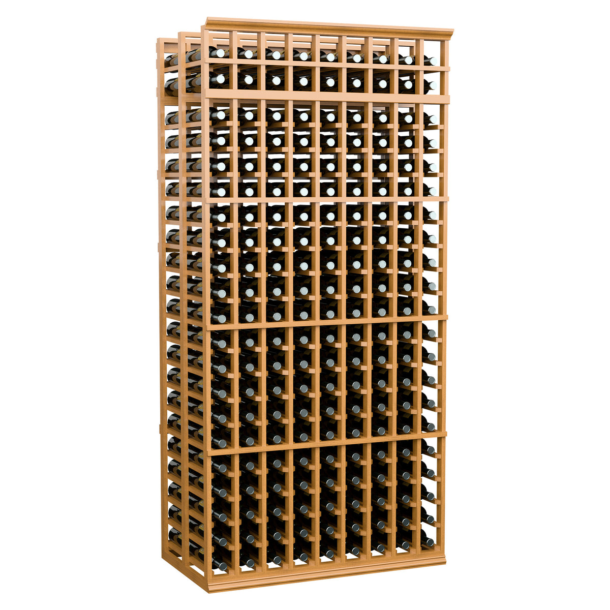 Wine bottle rack, 9-column double-deep, 7 ft, honey wood frame, front perspective.