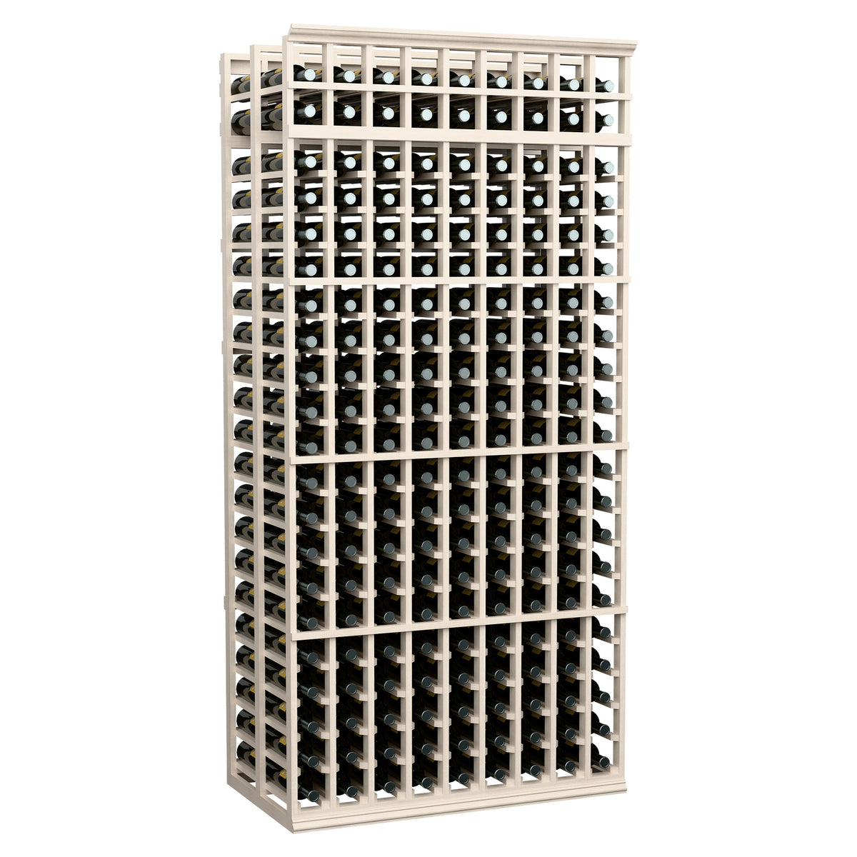 Wine bottle rack, 9-column double-deep, 7 ft, white frame, full front view.