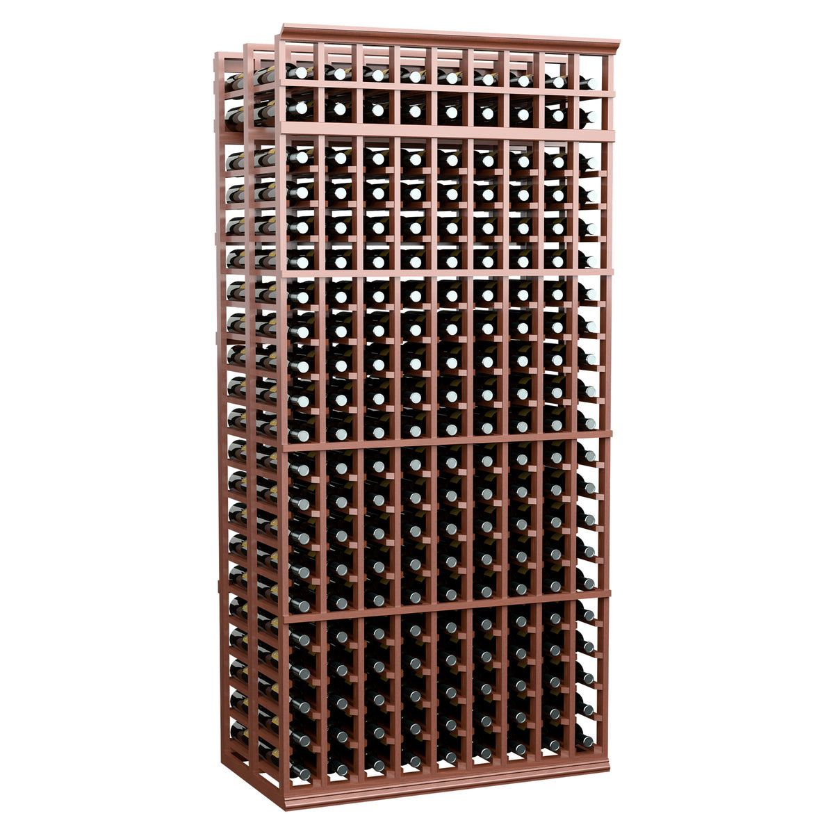 9-column double-deep wine bottle rack, reddish wood frame with grid bottle holders
