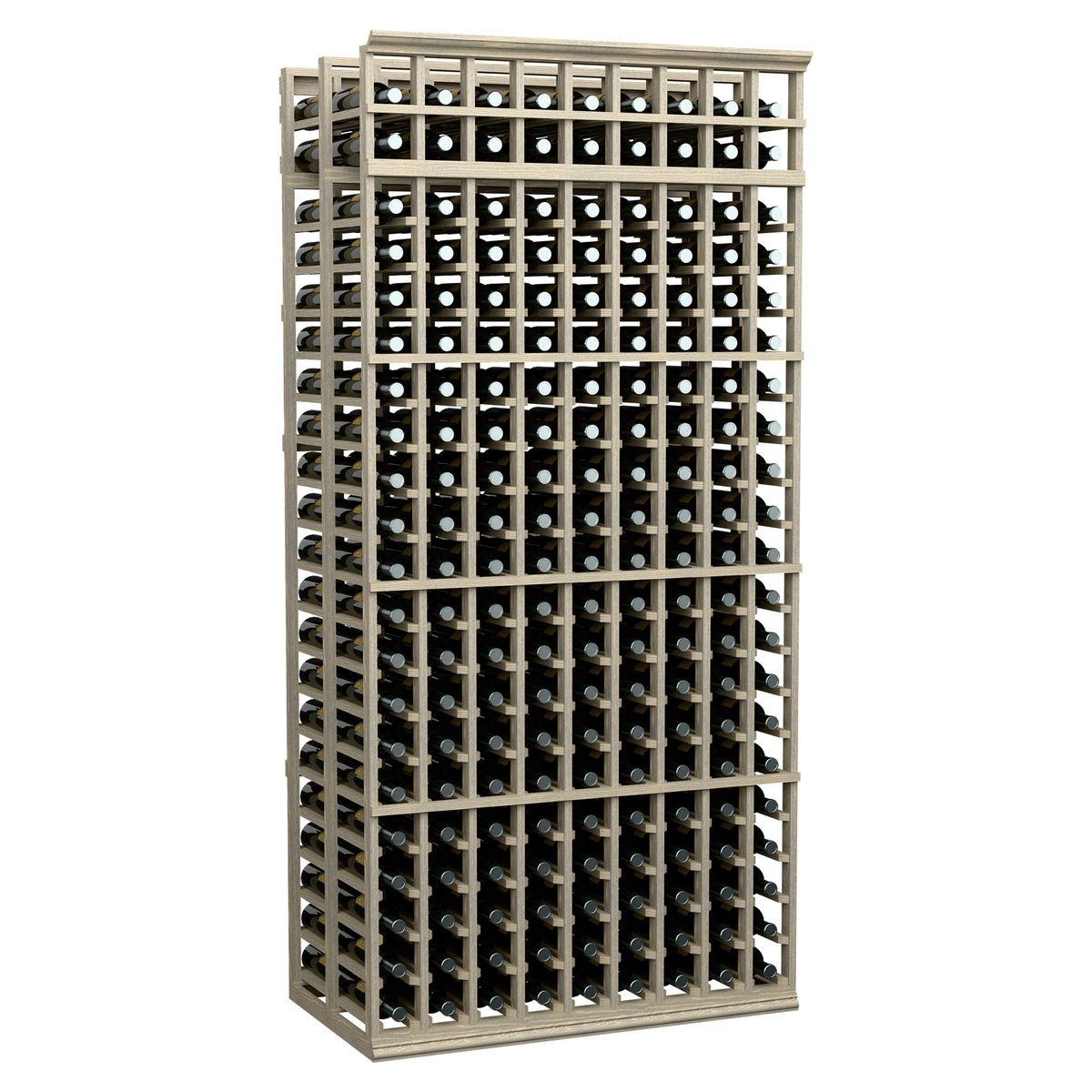 Light wood wine bottle rack, 9-column double-deep, 7 ft tall