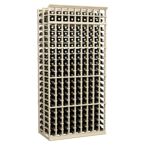 Light wood wine rack with 9-column grid, double-deep storage, 7 ft tall