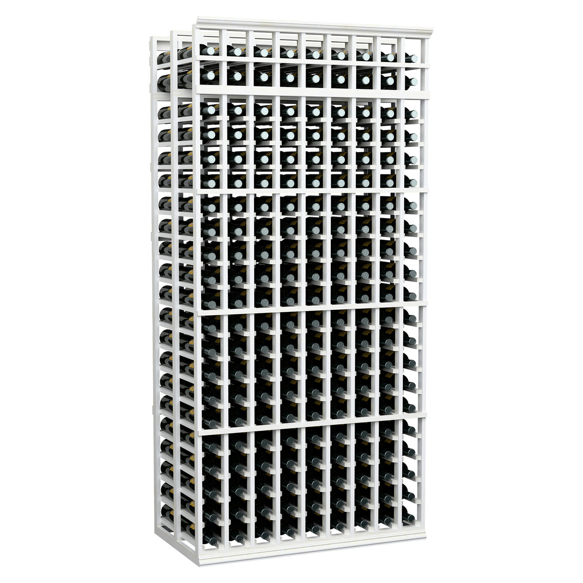 White-finished wine bottle rack, 9-column double-deep, 7 ft tall