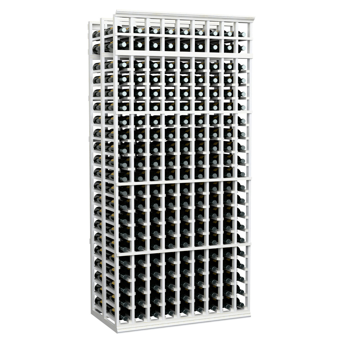 White-finished wine rack with 9 columns, double-deep bottle storage, 7 ft