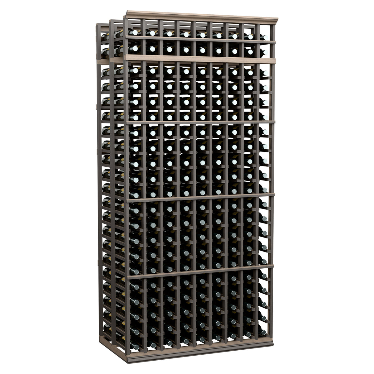 9-column double-deep wine bottle rack, matte black wood frame with bottle grid