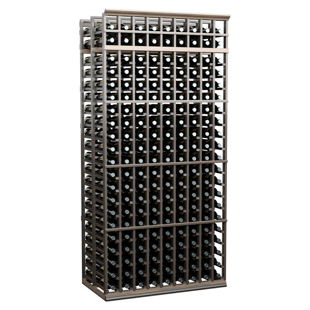 9-column double-deep wine bottle rack, dark charcoal wood frame with bottle grid