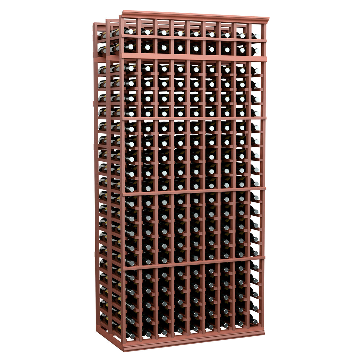 9-column double-deep wine bottle rack, warm mahogany red wood frame with bottle grid