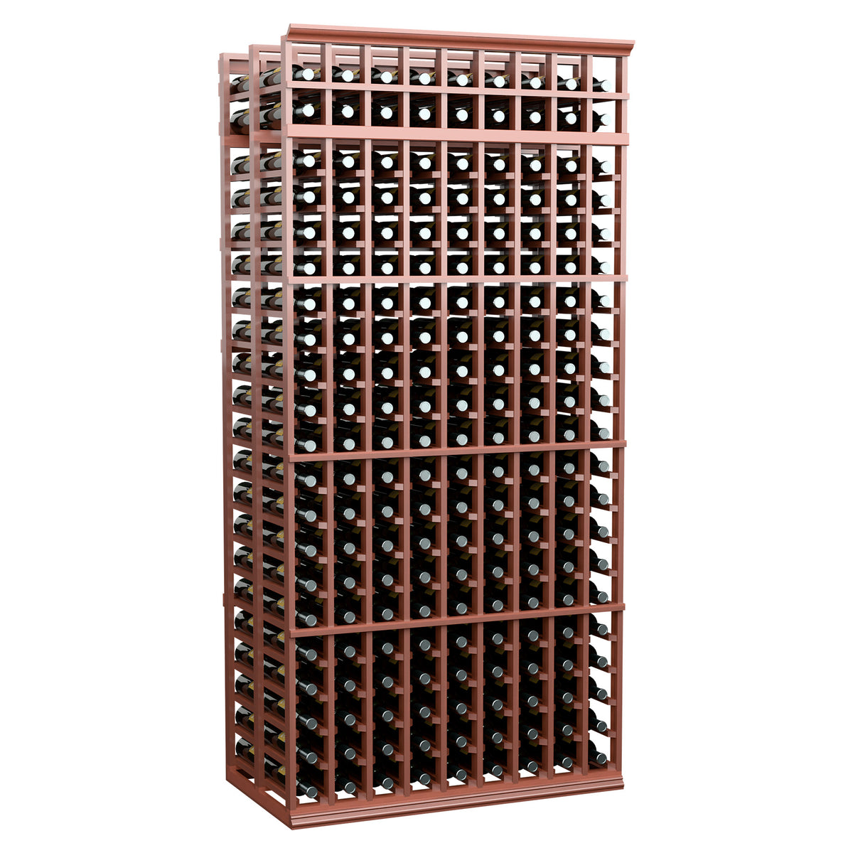 9-column double-deep wine bottle rack, reddish-brown wood frame with bottle grid