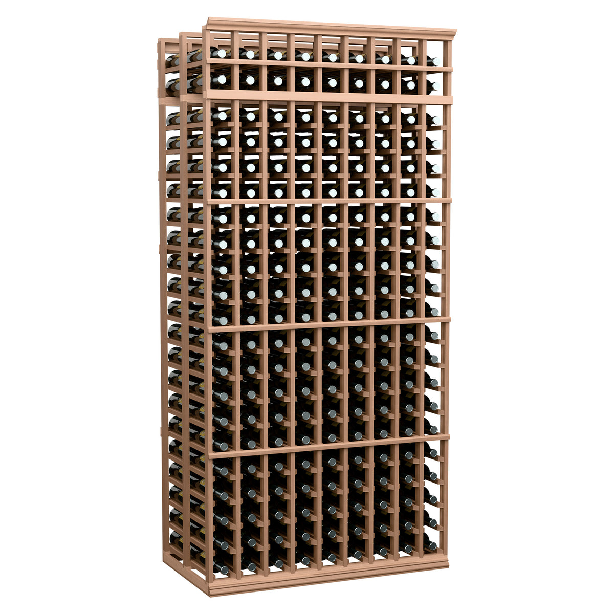 9-column double-deep wine bottle rack, light wheat wood frame with bottle grid