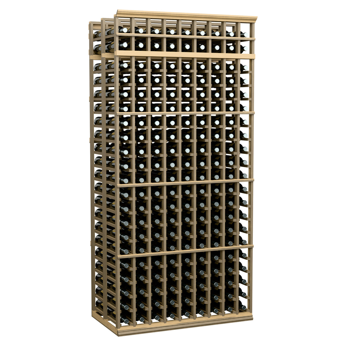 9-column double-deep wine bottle rack, natural blonde wood frame with bottle grid