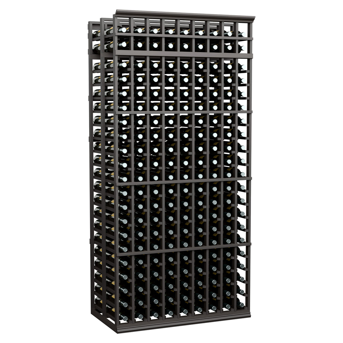9-column double-deep wine bottle rack, deep black wood frame with bottle grid