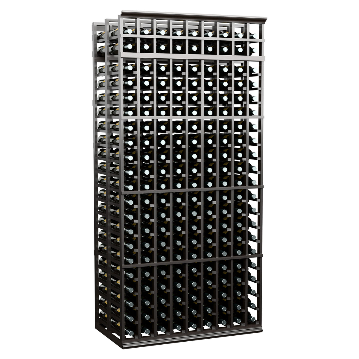 9-column double-deep wine bottle rack, black stained wood frame with bottle grid