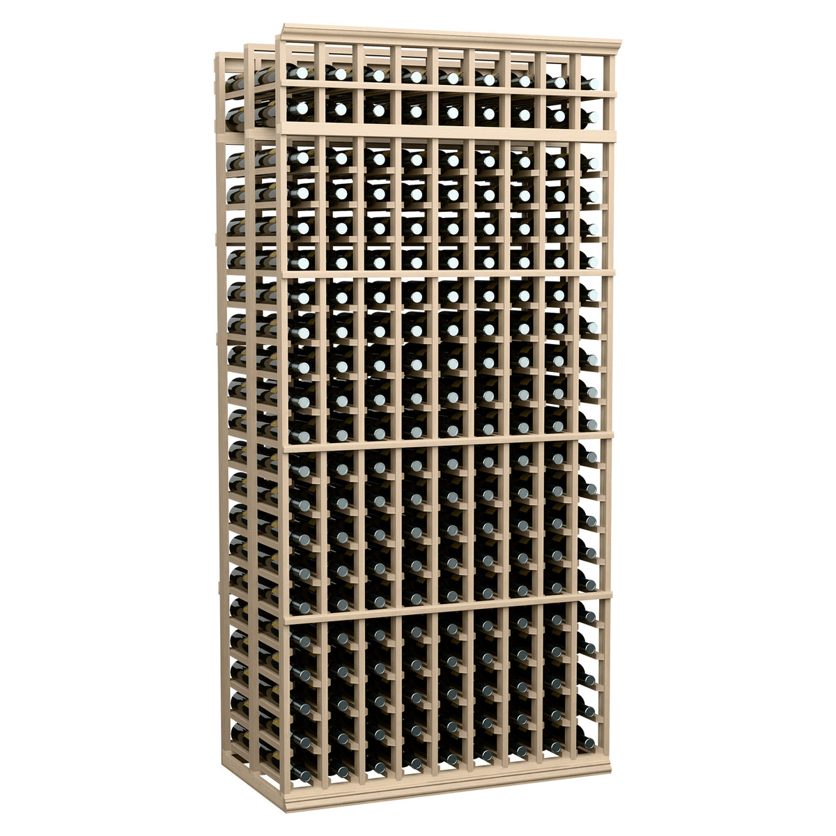 9-column double-deep wine bottle rack with black bottle storage and light wood frame.