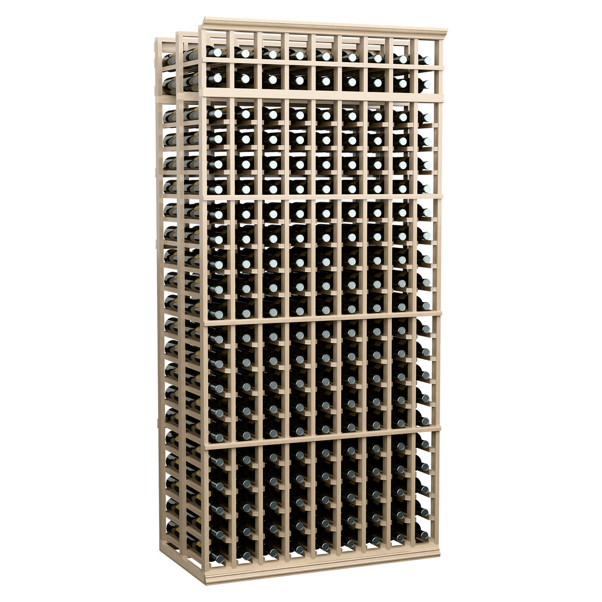 Double-deep wine bottle rack with dark bottle rows and pale wood frame, 9 columns.