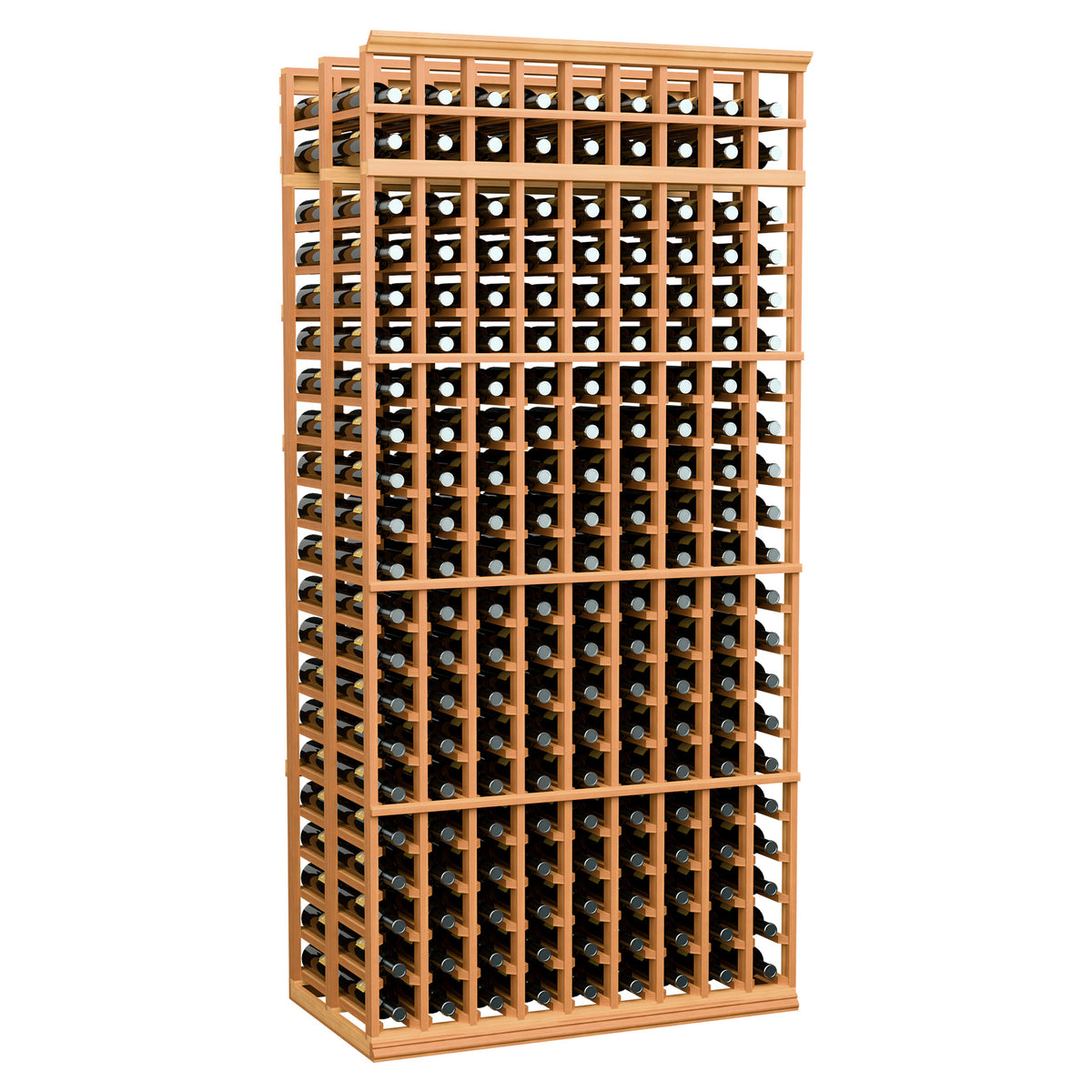 9-column double-deep wine bottle rack with dark bottle rows and warm light wood frame.