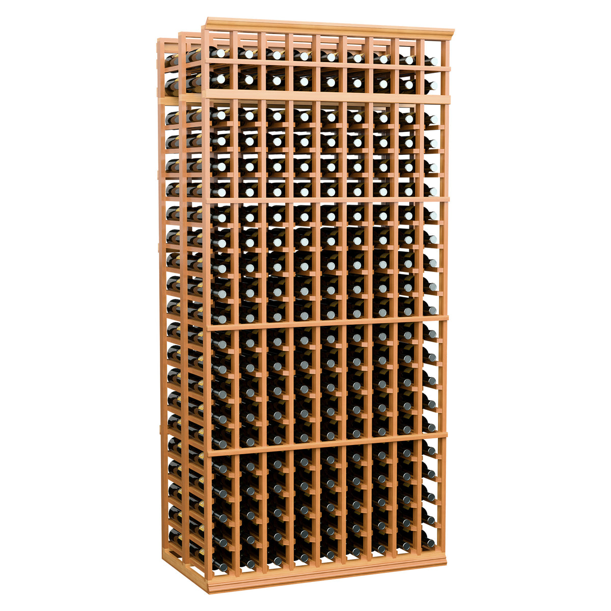 Wine bottle storage rack, double-deep 9-column design, with dark bottles and light wood.