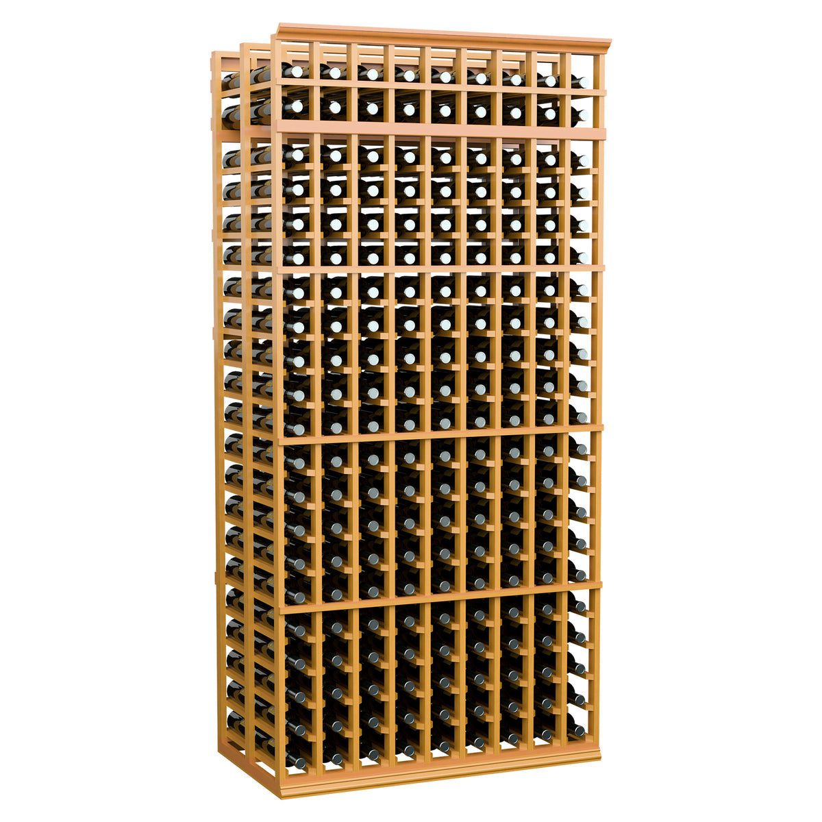 Double-deep 9-column wine bottle rack with dark bottle storage and honey-toned wood frame.