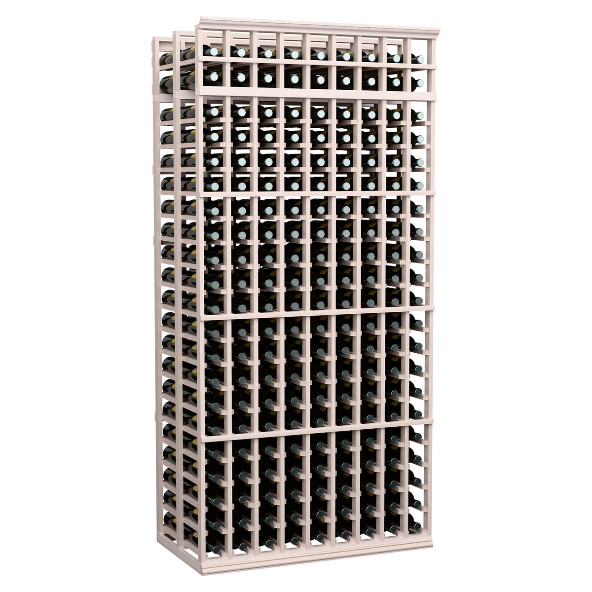 9-column double-deep wine bottle rack with dark bottle slots and grey-toned wood frame.