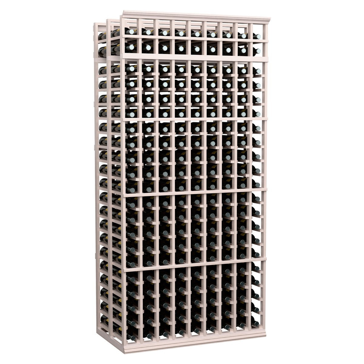 Double-deep 9-column wine bottle rack with dark bottle rows and grey wood frame.