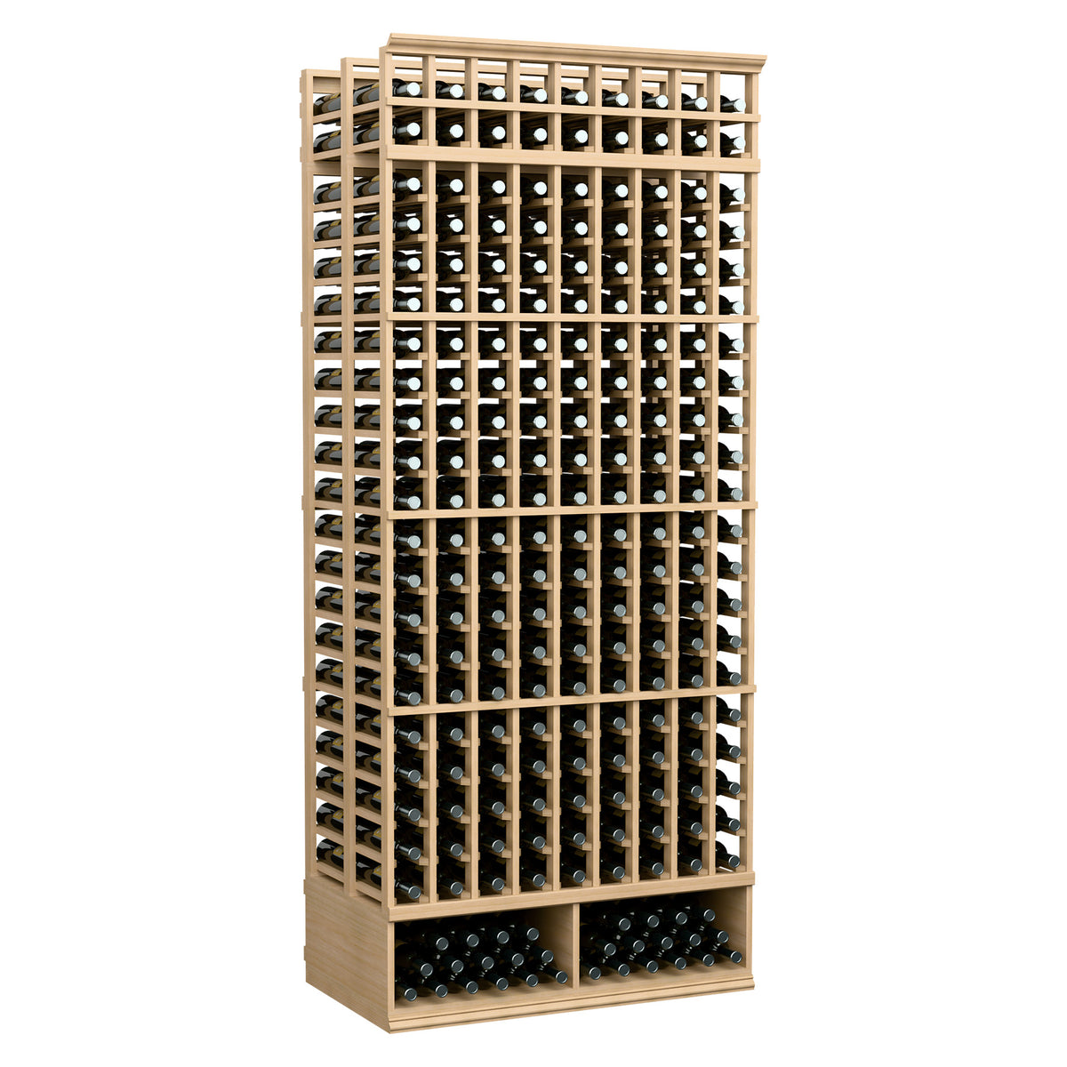 9-column double-deep wine bottle rack, light wood frame with bottle grid storage