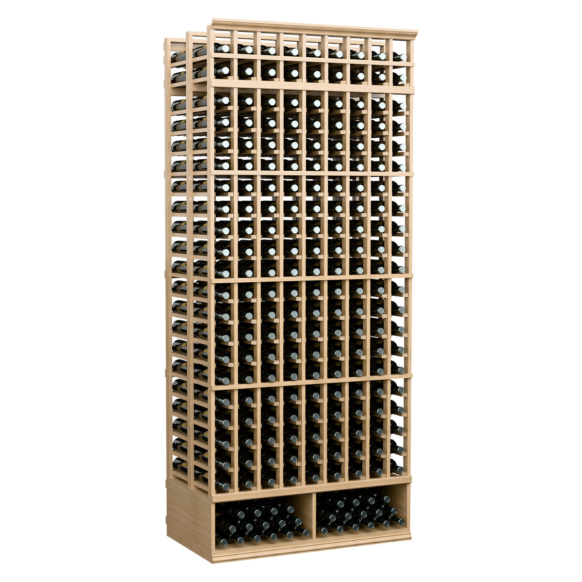 9-column double-deep wine bottle rack, pale wood frame with bottle grid storage